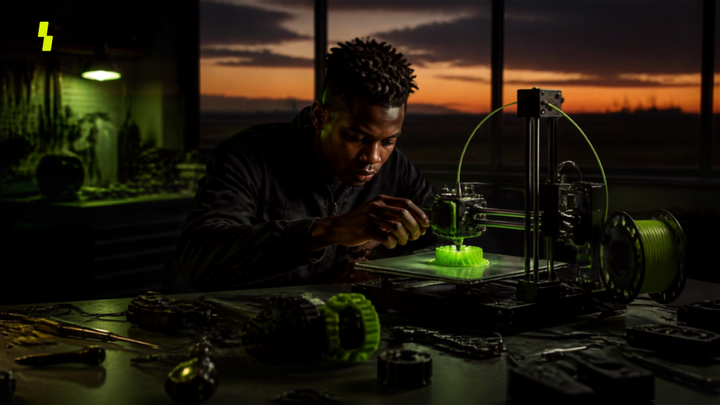 A young South African maker guiding a 3D printer mid-build in the Innovalanga prototyping lab, Standerton, Mpumalanga